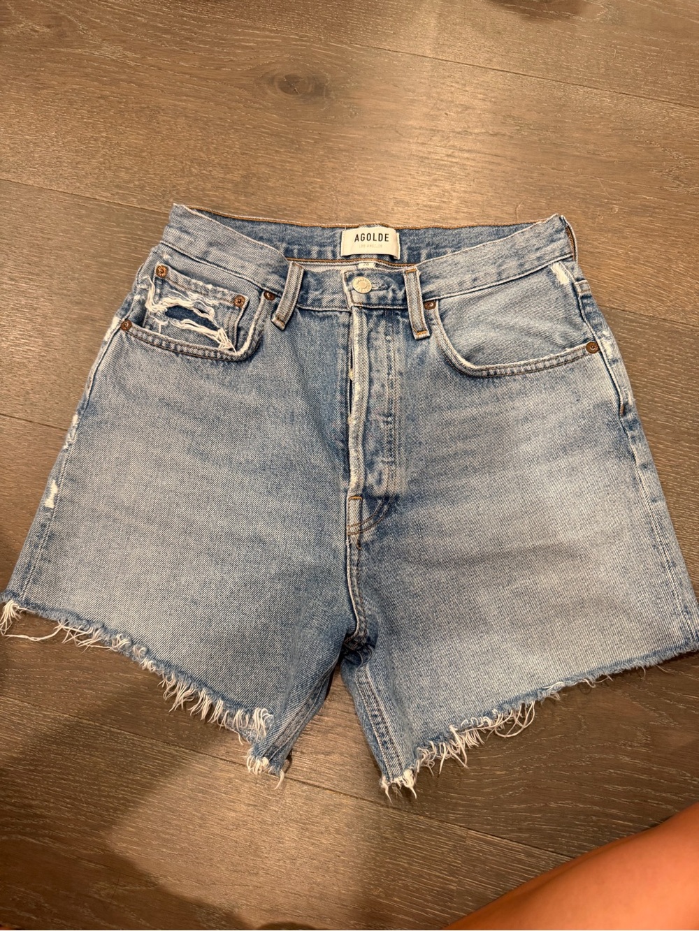 Agolde Light Blue High-Rise Frayed Denim Shorts
